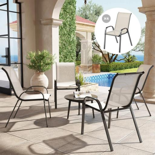 Set de 4 Sillas de Exterior Apilables con Asiento de Malla Respaldo Alto y Marco de Acero para Jardín Beige y Negro
