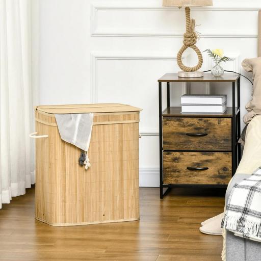 Cesto de Ropa Sucia 90 L de Bambú con 2 Compartimentos Asas Bolsa Interior Extraíble 54,2x35,2x59,5 cm Natural