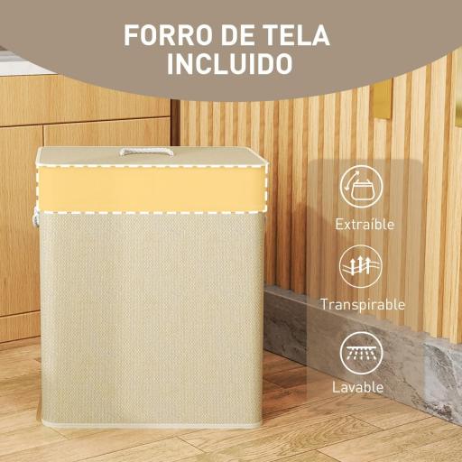 Cesto de Ropa Sucia de Bambú con 2 Compartimentos Asas para Facilitar el Uso y Bolsas Desmontables Lavables 52x32x63 cm [4]