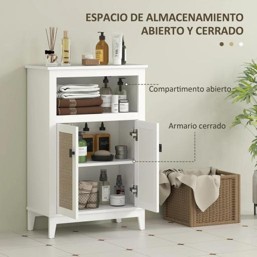 Mueble Auxiliar de Baño con 2 Puertas con Frontal de Ratán Estante Ajustable y Compartimento Abierto 60x30x90 cm Blanco [2]