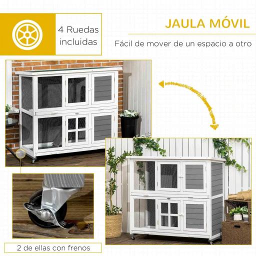 Conejera de Madera de 2 Niveles con Ruedas 2 Puertas Techo y Bandejas Extraíbles 119x50,5x109 cm Blanco y Gris [2]