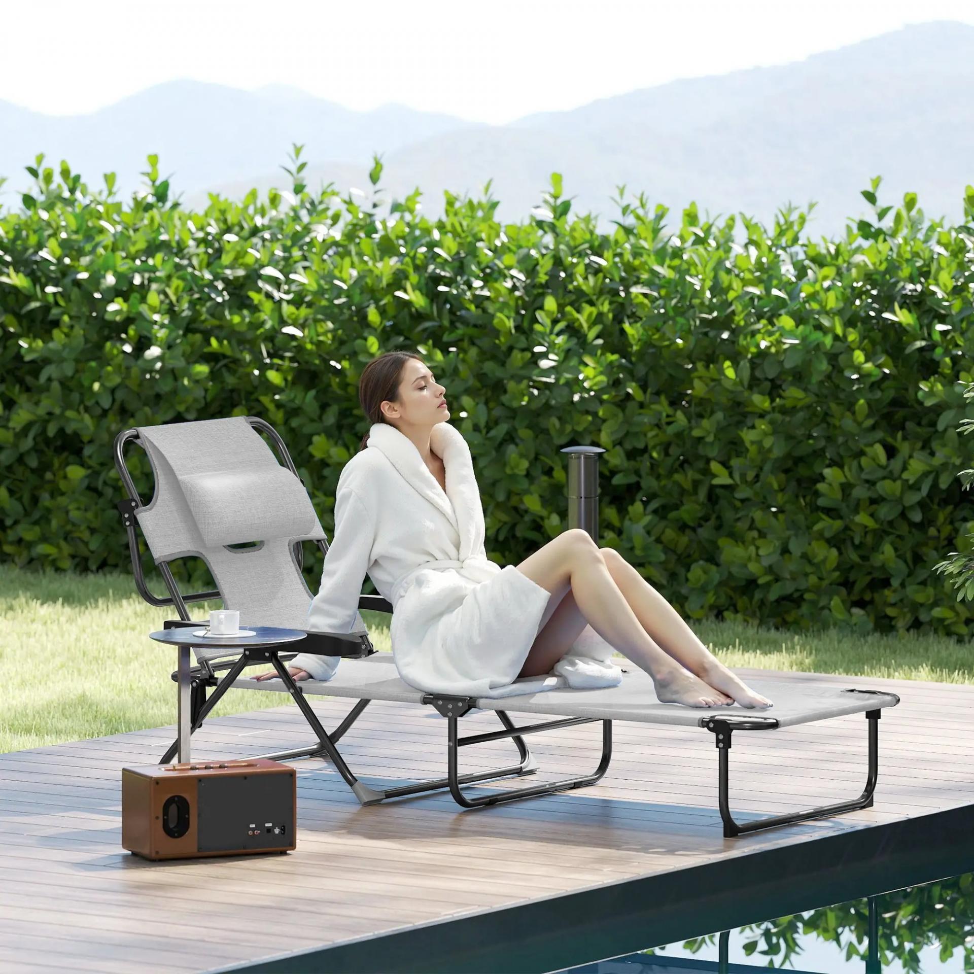 Tumbona Plegable Respaldo Ajustable Orificio de Lectura Reposacabezas y Brazos Carga 120 kg 145x72x89 cm Gris Oscuro