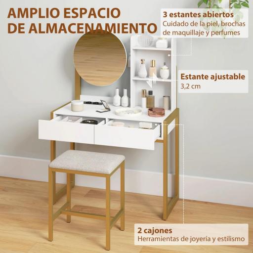 Tocador de Maquillaje con Espejo y Taburete Acolchado Estación de Carga 2 Cajones 3 Estantes para Dormitorio Blanco [3]