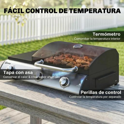 Barbacoa de Gas Plegable con Quemador 2,5 kW Tapa Termómetro Mesa Lateral y 2 Ruedas Parrilla Recogedor Grasa Negro [7]
