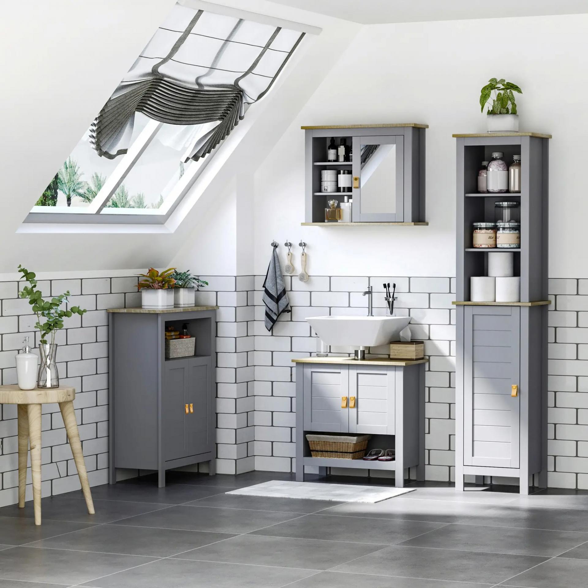 Armario Alto de Baño Moderno Mueble Columna de Baño con 1 Puerta Estante Ajustable y 3 Compartimentos 39x30x168 cm Gris