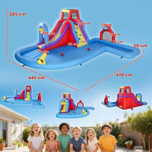 Castillo Hinchable Acuático con Soplador 550W Tobogán Pared de Escalada Piscina Aro de Baloncesto Portería de Fútbol [1]