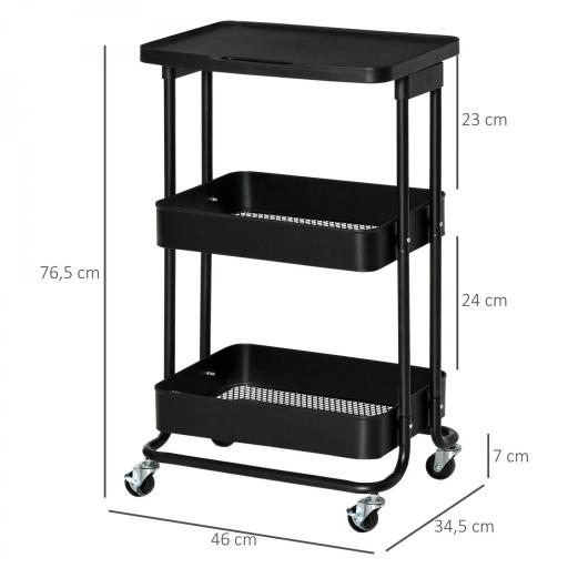 Carrito Auxiliar con Ruedas Carro de Almacenaje de 3 Niveles para Baño Cocina Dormitorio Oficina 46x34,5x76,5 cm Negro [1]