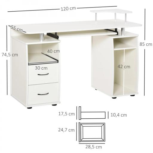Escritorio con Estanterías Mesa de Ordenador con 2 Cajones Bandeja de Teclado Soportes para Monitor 120x55x85 cm Blanco [1]