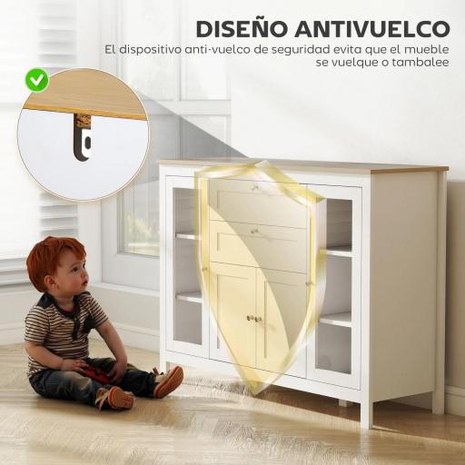 Aparador de Cocina con Armario 2 Cajones 2 Puertas de Vidrio y Estantes Ajustables Muebles Auxiliar de Almacenaje para Comedor Salón 120x40x90 cm Blanco [3]