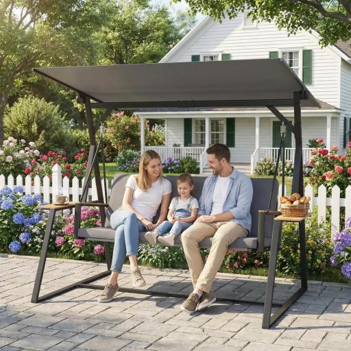 Columpio de Jardín Exterior de 3 Plazas con Techo Ajustable 2 Bandejas Cojines y Marco de Metal Carga 360 kg Gris [0]