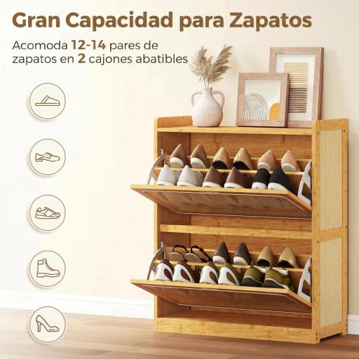 Zapatero Estrecho de Bambú con 2 Cajones Abatibles de Ratán para 12-14 Pares de Zapatos 69x29x83 cm Natural [4]