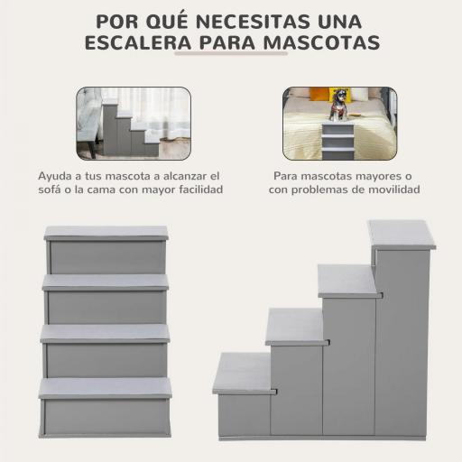 Escalera para Mascotas Escalones para Perros Gatos con Acolchados Desmontables Carga 30 kg 40x59x54,2 cm Gris [5]