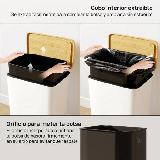 Cubo de Basura Cocina con Pedal 20L Tapa Cierre Suave Cubo Interior Extraíble 29,5x29,5x56,8 cm Blanco y Natural [2]