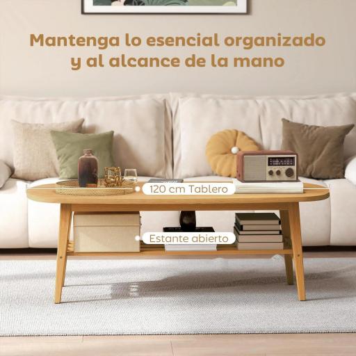 Mesa de Centro Moderna Mesa Baja con Estante Abierto y Patas de Madera para Salón Carga 100 kg 120x60x42cm Natural [5]