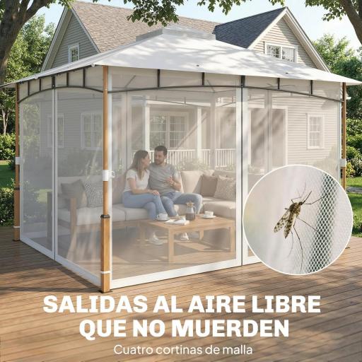 Carpa para Jardín con Techo Doble Cenador con Paredes de Malla UPF50+ para Exterior Terraza 360x300x275 cm Crema y Teca [6]