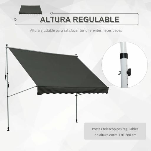 Toldo Manual Retráctil 300x150x170-280 cm con Altura Ajustable Manivela y Protección Solar para Terraza Gris [5]