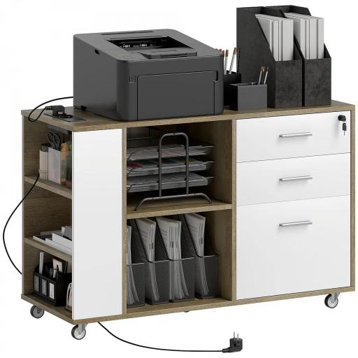 Mueble Archivador con Ruedas 3 Cajones Estación de Carga Cerradura y Estantes 100x40x65,5 cm Marrón Grisáceo [9]