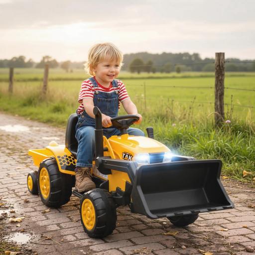 Tractor Eléctrico para Niños con Remolque Desmontable y Pala Batería 12V Motor Doble Control Remoto 2,4G Luces Música