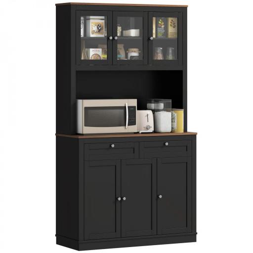 Alacena de Cocina con 3 Puertas de Vidrio Compartimento Abierto 2 Cajones y Estantes Ajustables 100x40x180 cm Negro [8]