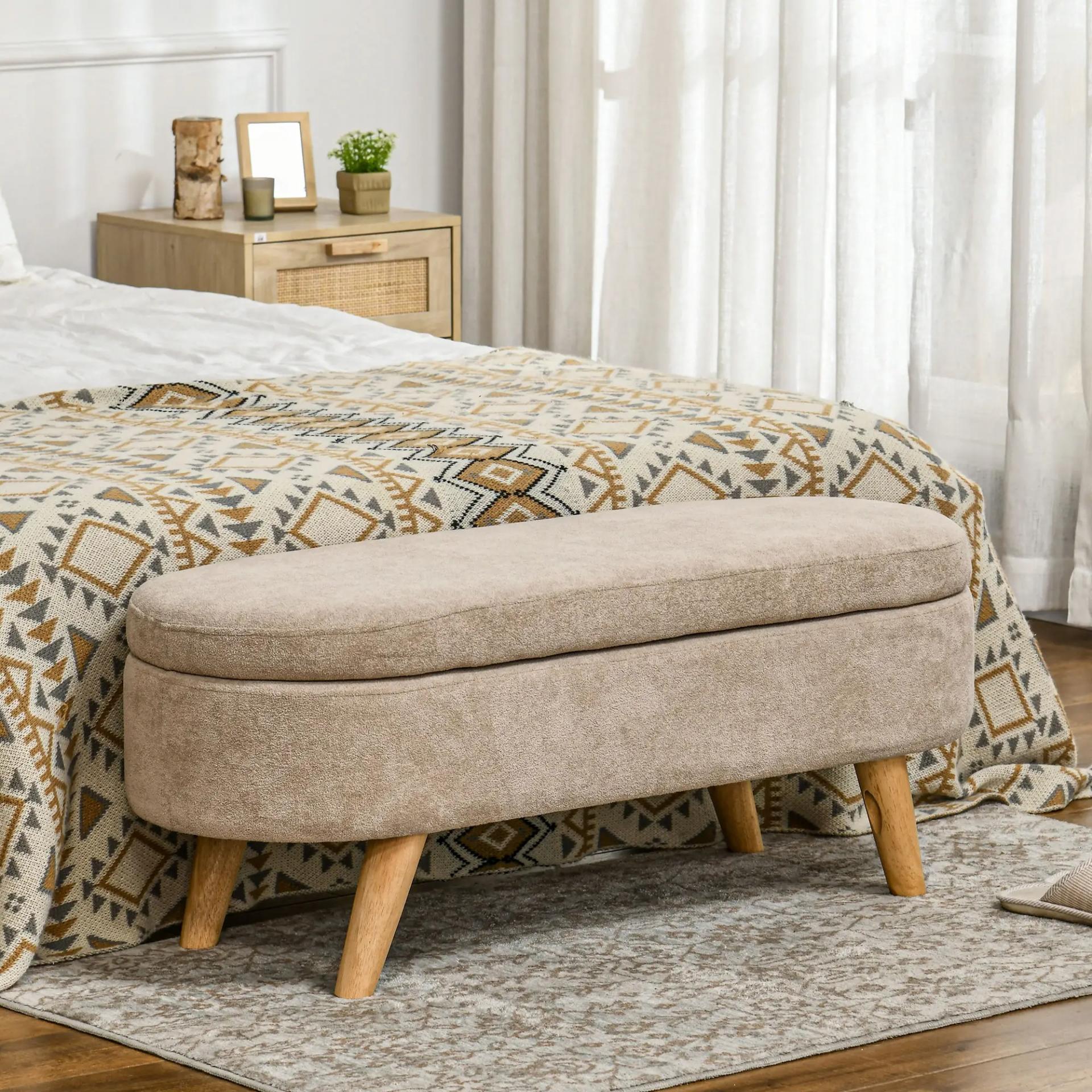 Banco de Almacenaje con Patas de Madera y Asiento Acolchado Carga 120 kg Puff Almacenaje Ovalado Beige