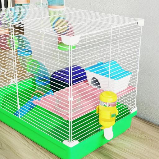 Jaula para Hámster con Túnel Cuenco Bebedero Casita Rampa Rueda de Ejercicio Bandeja Extraíble 46x30x37 cm Verde [7]