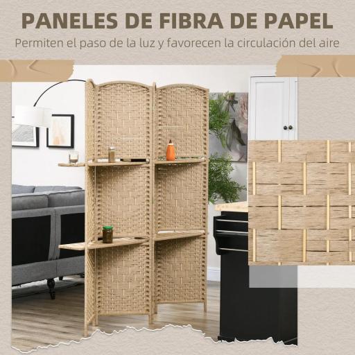 Biombo Separador de Ambientes 4 Paneles 160x170 cm con 2 Estantes de Exhibición Pantalla de Privacidad Plegable Natural [5]