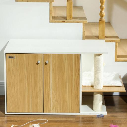 Mueble Arenero para Gatos con Centro de Juegos Cojín Pelota Puerta Lateral y Patas Antideslizantes 94x48x50,5cm Blanco [8]