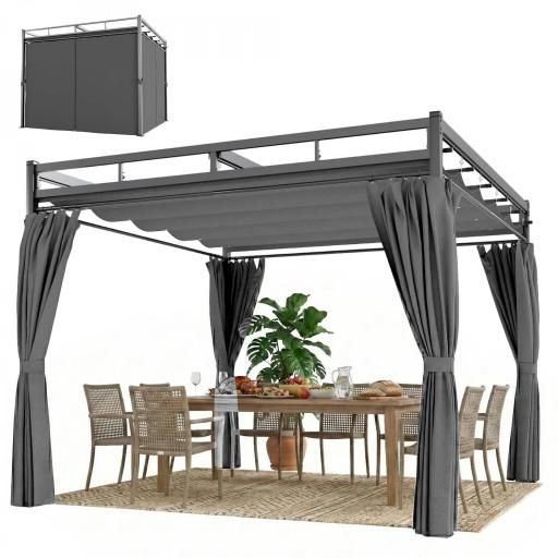 Pérgola de Jardín 3x3 m con Techo Retráctil y Cortinas Protección UV30+ Estructura Metálica para Patio Terraza Gris [9]