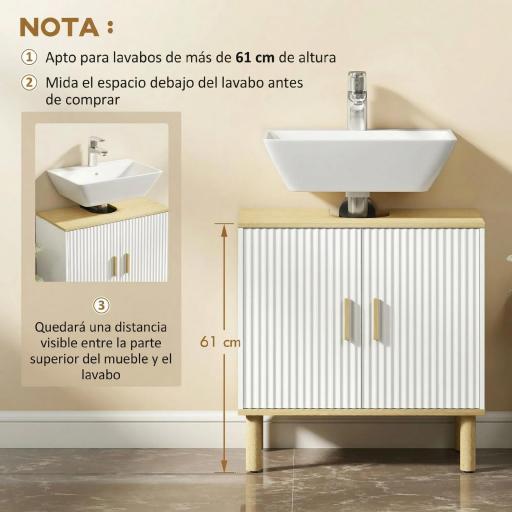 Mueble Bajo Lavabo con Estante Ajustable Armario para Lavabo sin Pedestal con Puertas Acanaladas 60x30x61 cm Blanco [6]