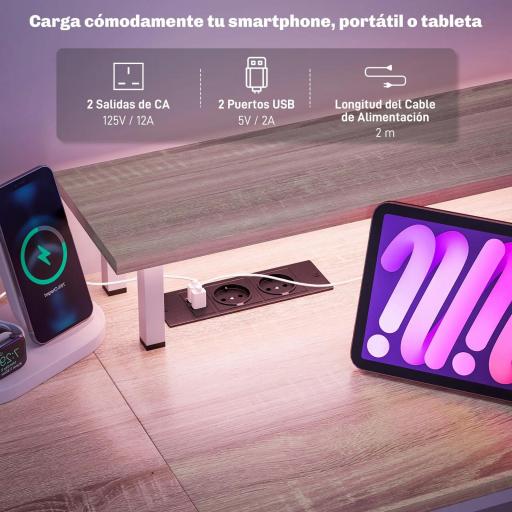 Mesa de Escritorio con Luces LED Cajones Tomas de Corriente Puertos USB y Soporte para Monitor 155,5x48x88,5 cm Natural [7]