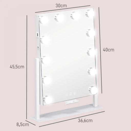 Espejo de Maquillaje con Luz 30x40 cm con 12 Bombillas 3 Modos de Iluminación Ajustables Interruptor Táctil Blanco [1]