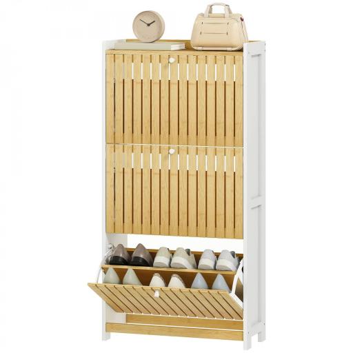 Zapatero Estrecho con 3 Puertas de Bambú con Listones Estantes Ajustables para 18 Pares de Zapatos Blanco y Natural [8]