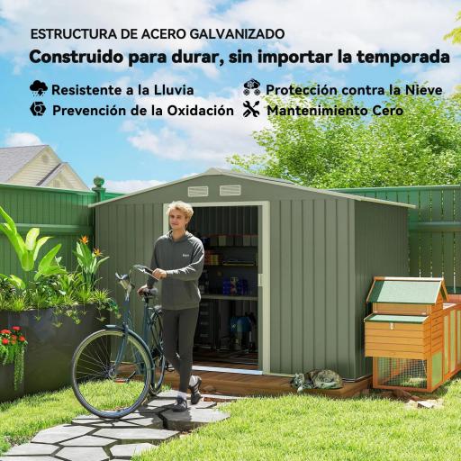 Cobertizo de Jardín 4,9 m² 277x195x192 cm con 2 Puertas Corredizas Base Refuerzo (Suelo NO Incluido) Verde Claro [2]