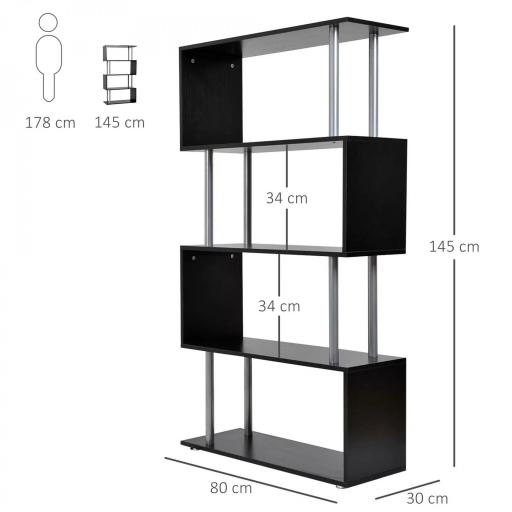 Librería en Forma S Estantería para Libros de 4 Niveles Mueble Estantería para Salón Oficina Estudio 80x30x145 cm Negro [1]