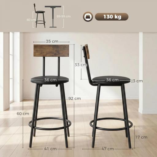 Set de 2 Taburetes de Bar con Respaldo y Reposapiés Tapizados en PU 41x47x92 cm Negro [1]