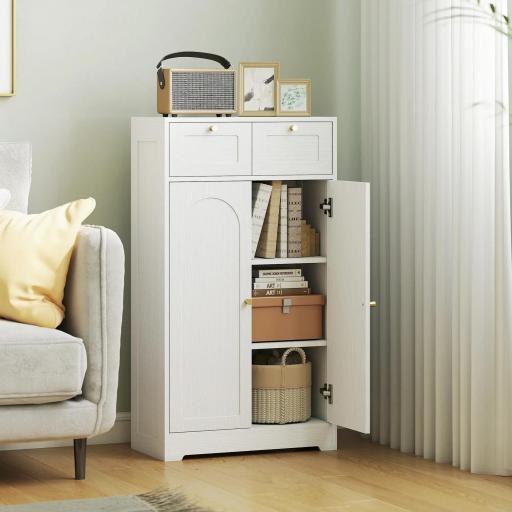 Armario de Baño Estrecho con 2 Cajones Estante Abierto y Puerta con Panel Arqueado 60x30x108 cm Blanco Veteado [7]