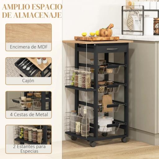 Carrito de Cocina con Ruedas Carrito Multiusos con Cajón 4 Cestas Extraíbles de Metal y Bastidores 47x37x83 cm Negro [2]