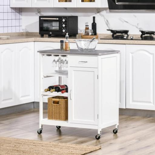 Carro de Cocina con Ruedas Carrito de Servicio con 1 Cajón Estantes Extraíbles y Botellero 76x48x88 cm Blanco