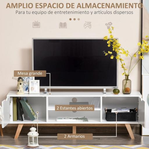 Mesa para Televisores de 65 Pulgadas Módulo TV con 2 Armarios 2 Estantes Abiertos y Patas de Madera 150x39x50 cm Blanco [4]