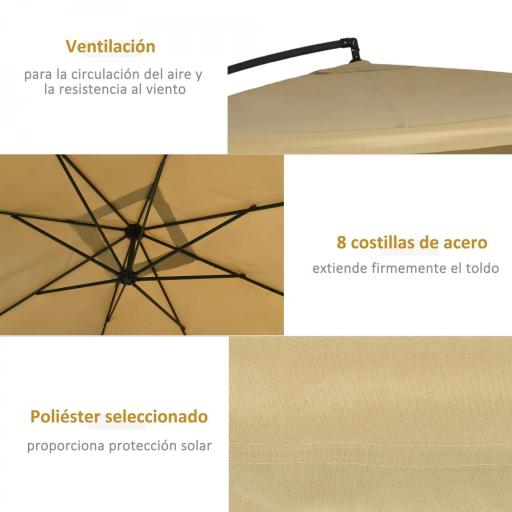 Sombrilla de Jardín Excéntrica 296x296x265 cm con Manivela Mosquitera y Base Cruzada para Terraza Patio Color Beige [3]