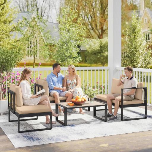 Conjunto de Jardín Exterior de 4 Piezas con 2 Sofás de 2 Plazas 1 Sillón sin Brazos y Mesa de Centro con Cojines Caqui [5]