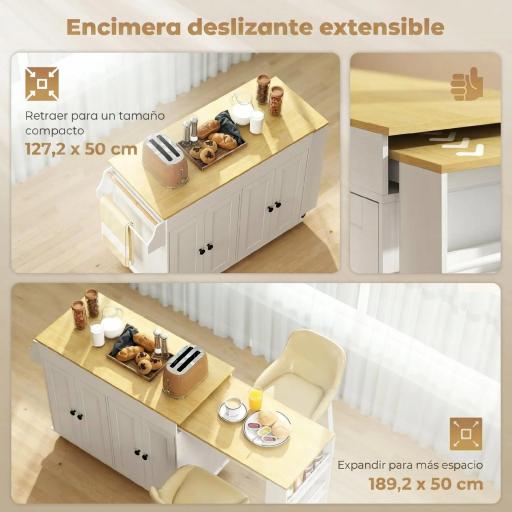 Isla de Cocina con Ruedas Encimera Extensible 4 Puertas Estantes Ajustables Especiero y Soporte para Toallas Blanco [1]