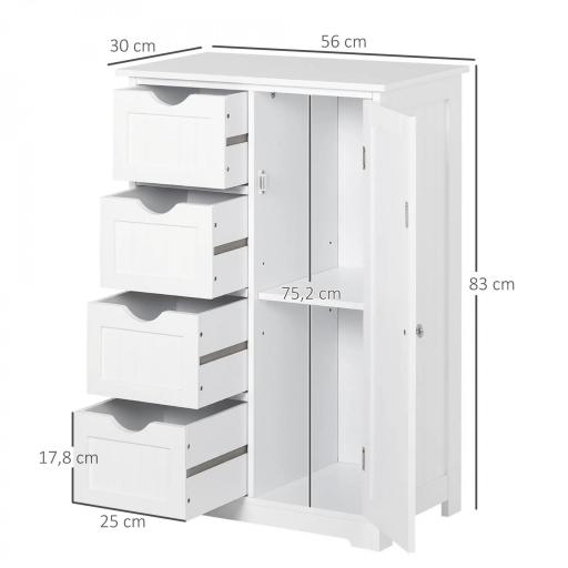 Armario Auxiliar de Baño Mueble para Baño con Puerta 4 Cajones y Estante Ajustable para Cocina Salón 56x30x83 cm Blanco [1]