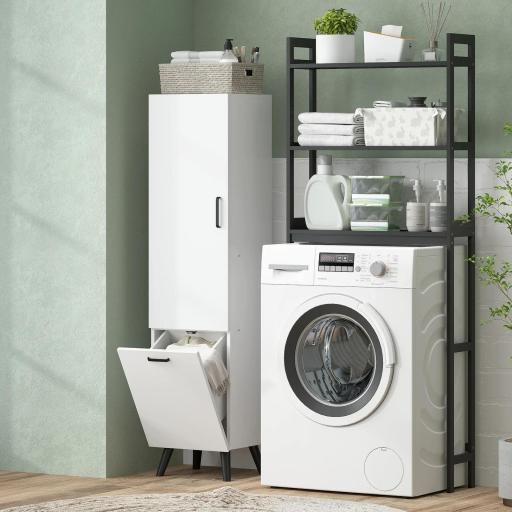 Armario Alto para Baño con Puertas y Estantes Cesto para Ropa Sucia en Espacios Reducidos 35x31,5x144 cm Blanco [4]