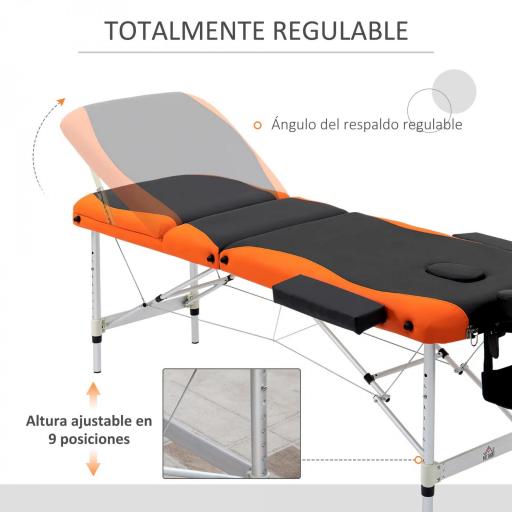 Camilla Masaje Plegable, Camilla Estética Profesional de Aluminio con Altura Ajustable, 3 Zonas, Reposacabezas, Reposabrazos, para Tatuaje, Fisioterapia, Negro y Naranja [2]