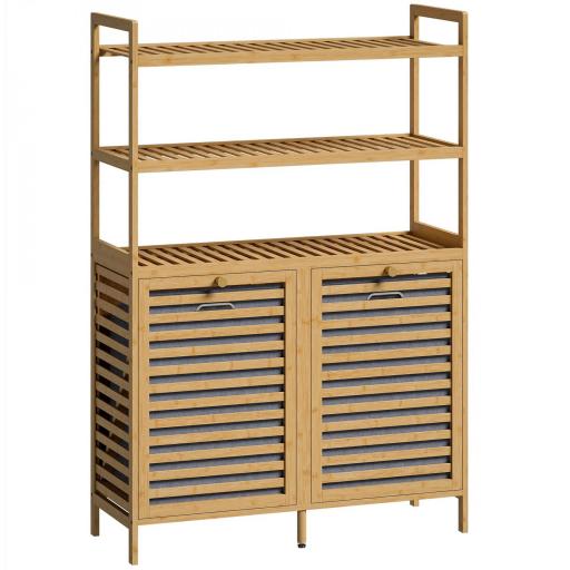 Mueble Ropa Sucia de Bambú con 2 Cestos para Ropa Sucia Inclinables 38,7 L y 3 Estantes 80x30x118 cm Roble [10]