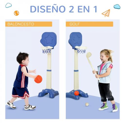 Canasta de Baloncesto 2 en 1 Canasta de Baloncesto Infantil con Aro Ajustable en Altura de 83-120 cm Pelotas y Palo de Golf 46x41x116-153 cm Azul y Blanco [2]