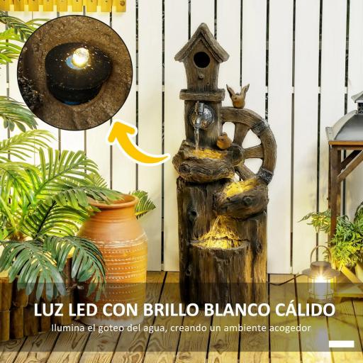 Fuente de Cascada 2 en 1 con Casita para Pájaros con Luces LED y Bomba Característica de Jardín con Troncos Multicolor [6]
