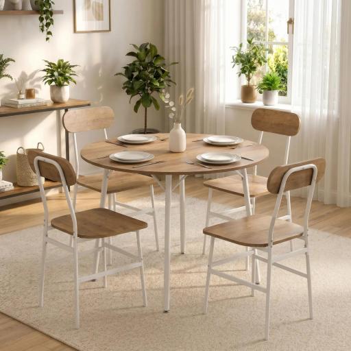 Juego de Mesa y 4 Sillas de Comedor Estilo Industrial Marco Metálico para Espacios Pequeños Salón Natural y Blanco [7]