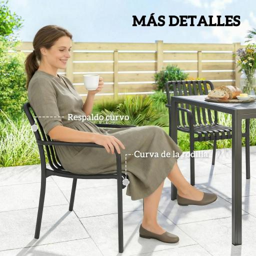 Juego de 4 Sillas de Jardín Exterior Apilables de PP con Respaldo Curvado Asiento de Listones 55x58,5x81,5 cm Negro [3]